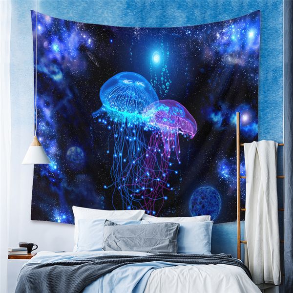 

psychedelic tapestry trippy blue jellyfish and planet combine tapestries bohemian wall hanging for bedroom dorm home decoration