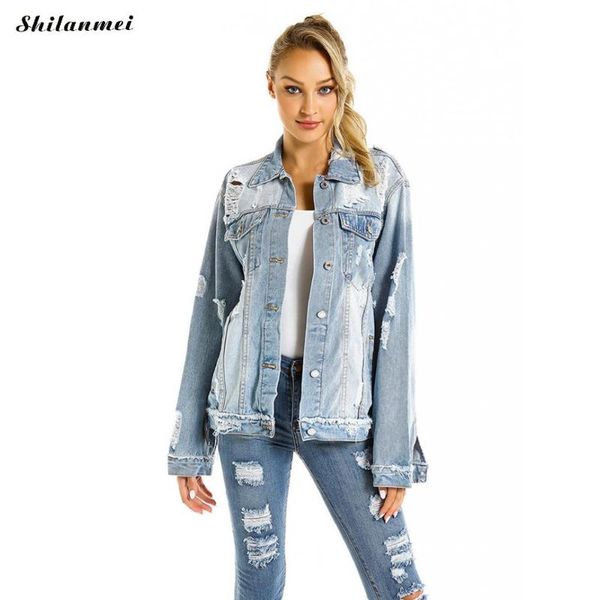 

women's jackets plus size ripped denim coat 3xl women 2021 casual loose solid blue womens autumn distressed jacket femme, Black;brown