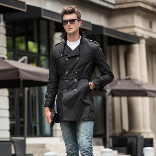 

new korean double breasted coat spring men's medium length windbreaker british youth lapel, Tan;black