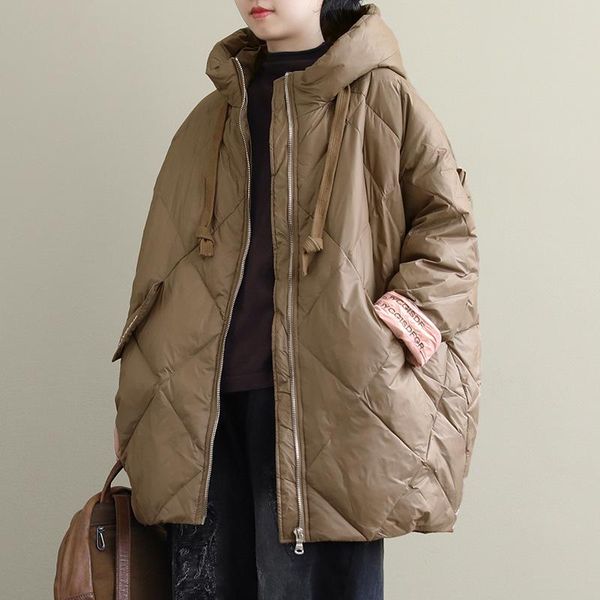 

2021 new winter loose size embroidered hooded down jacket women's pressed line lattice 90 white duck down jacket women, Black