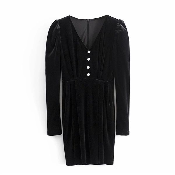 

2021 new black velvet women v neck long puff sleeve mini dress woman vintage french elegant cocktail party dresses 83vf, Black;gray