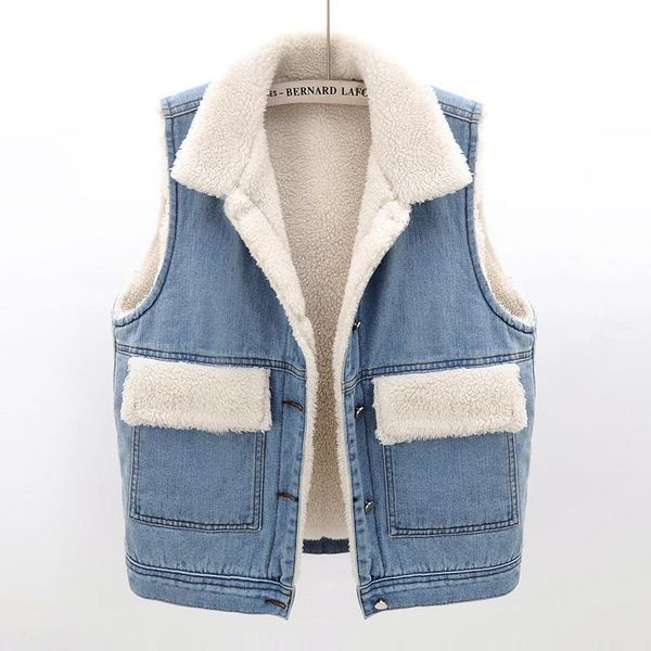 

2021 new fall female big pocket sleeveless lamb hair denim jacket thick fashion vest loose ladies y176 uzo5, Black;white