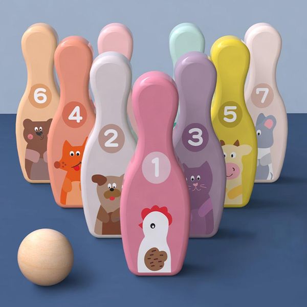 Bambini in legno Cartoon Animal Bowling Pins Balls Sport Toy Indoor Garden Giochi interattivi per bambini