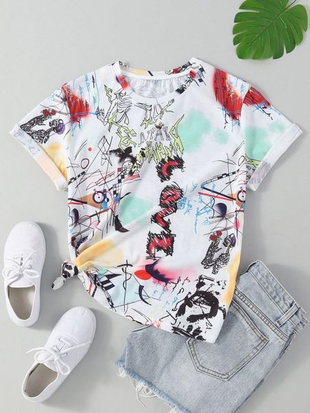 

graffiti print round neck tee r22u#, White