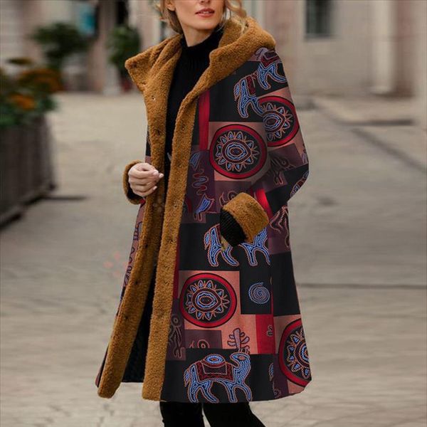 

oversized winter warm hooded large size long vintage print faux fur coat 2019 casual long sleeve women fur jacket outwear j30, Black