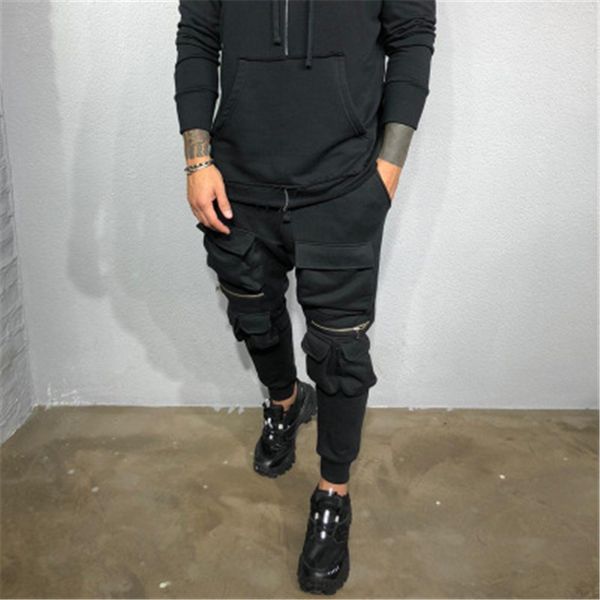 

mens running fitness sweatpants fashion trend zipper drawstring sports long pants spring male new multiple pockets casual skinny trousers, Black