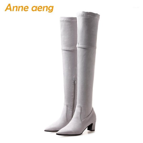 

boots 2021 winter women over-the-knee high heel pointed toe zipper ladies shoes gray thigh big size1, Black