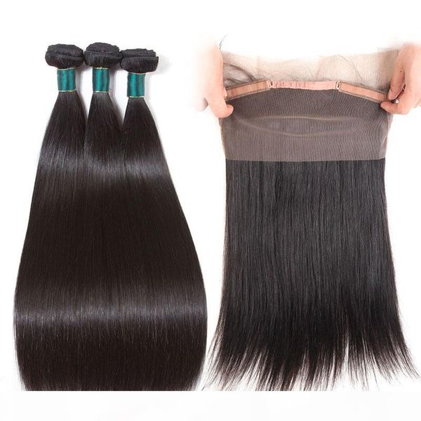 

silky straight 360 lace frontal with bundles brazilian virgin human hair weave 3 bundles with 360 lace frontal natural color, Black