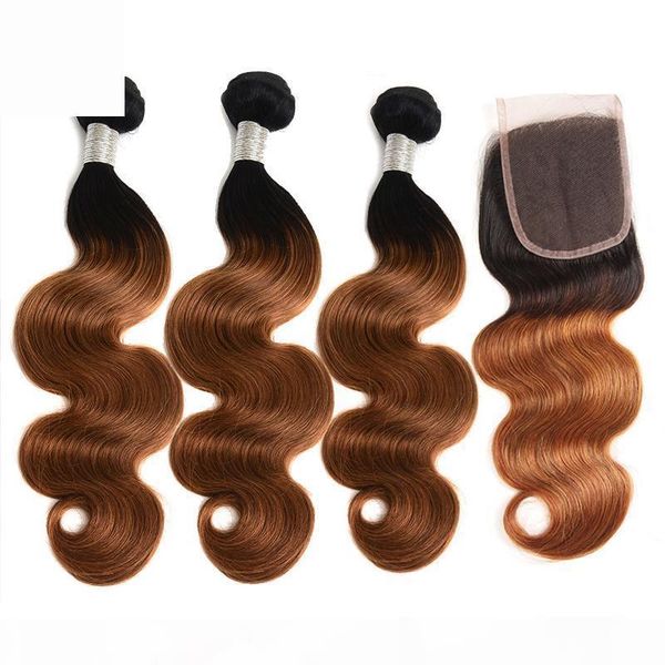 

sale ombre brazilian human hair body wave 3 bundles with closure 2 tone 1b 30 ombre bundles with 4x4 lace closure, Black;brown