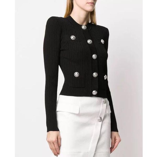 

european tide slim knitted cardigan short coat temperament o-neck long sleeve metal button decoration kg-923, White