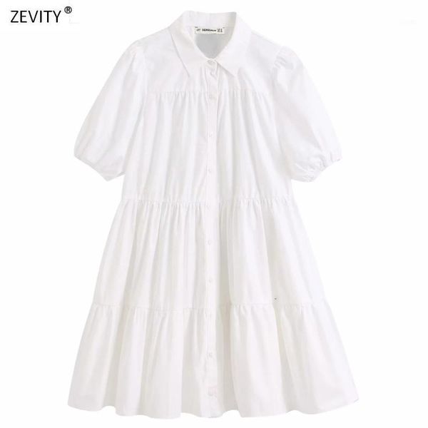 

women simply solid color casual white shirtdress office lady puff sleeve pleats vestidos chic leisure big swing dresses ds34381, White;black