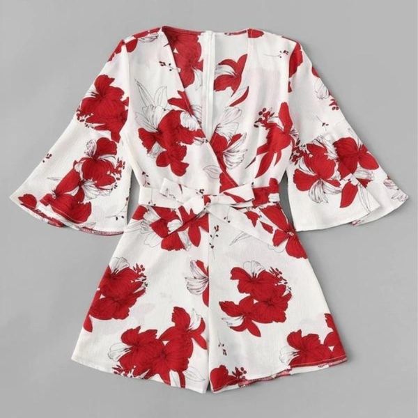 

deep v-neck flared sleeve print jumpsuit, Tan;black