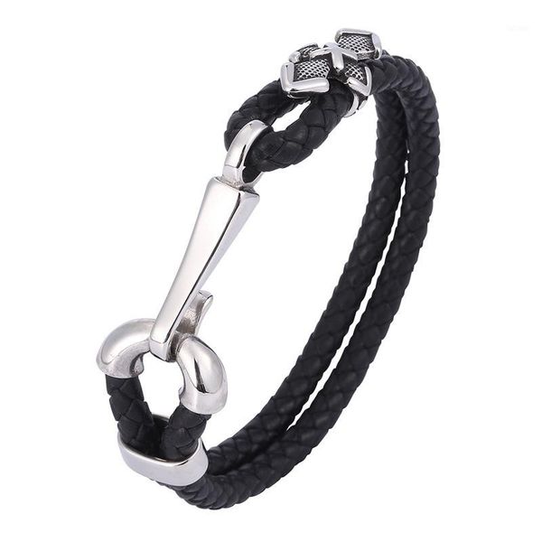 

fashion men jewelry black red double braided leather bracelet punk stainless steel hook buckle mens leather wristband sp05931, Golden;silver
