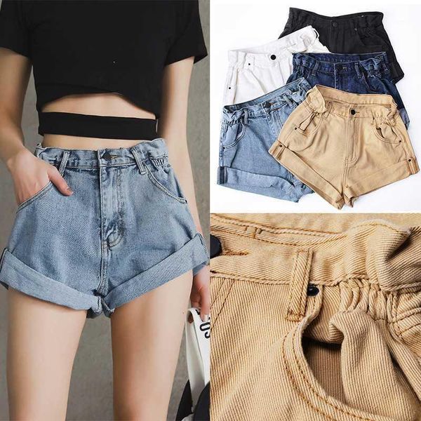 

europe style vintage cotton crimping denim shorts women elastic high waist shorts summer casual slim cuffed jean 20201, White;black