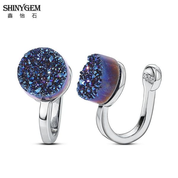 

stud shinygem fashion 6-10mm round crystal druzy clip on earrings 925 silver charm geode gem stone non piercing earring for men, Golden;silver
