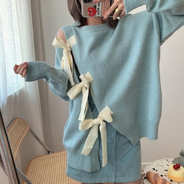 

2020 autumn and winter new round neck loose side strap careful machine knit pullover sweater women purple light blue black, White;black