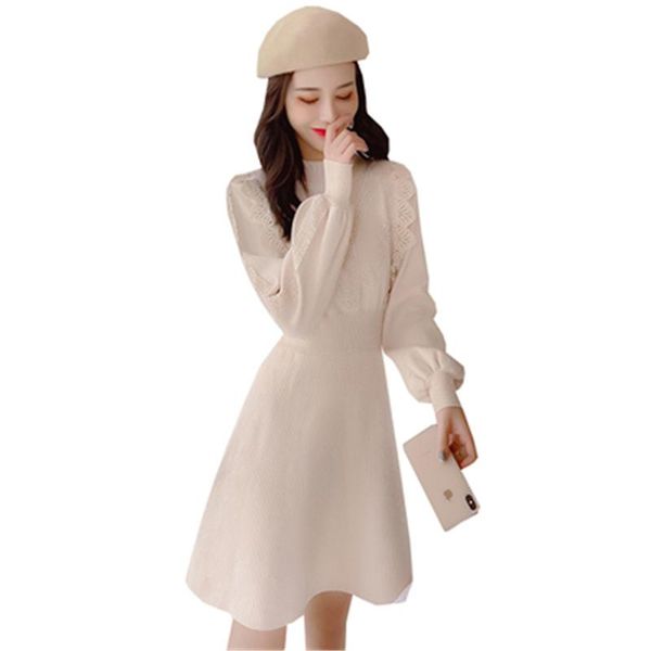 

women's sweaters spring autumn lantern sleeve female knitted solid lacework purfle knit dresses winter bottoming vestido, White;black