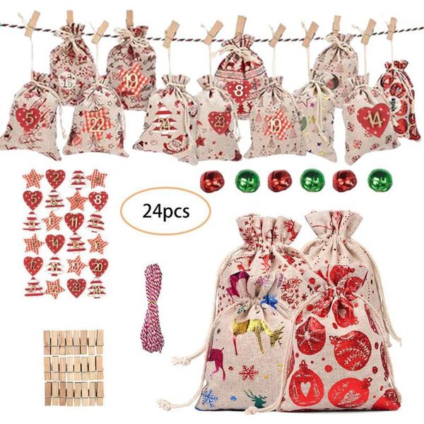 Decorações de Natal 24 PCs Bolsas de presente Calendar Countdown Bag bolsa de armazenamento de doces DIY Advento Avent1 Avent1