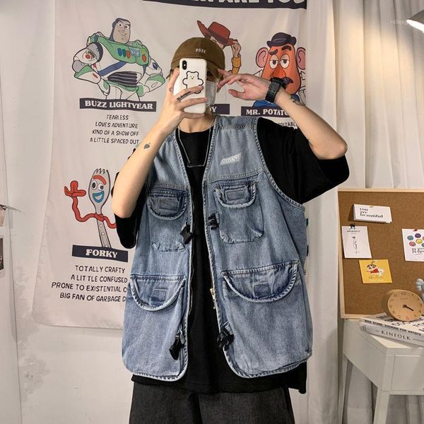 

2020 men's new loose multi-pocket fashionable coat male denim vest homme sleeveless jackets work vests colete motorcycle vest1, Black;white