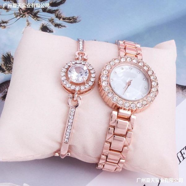 

style steel band women's watch new fashion trend with bracelet set quartz strap diamond bracelet watch woman, Slivery;brown