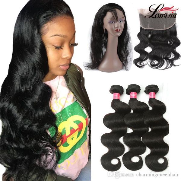 

body wave virgin hair pre plucked 360 lace frontal with bundles body wave brazilian human hair weave 3 4 bundles with frontal closure, Black;brown