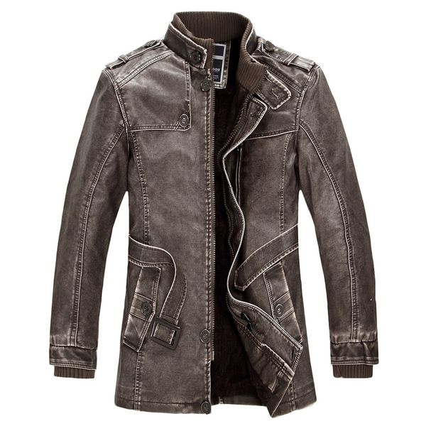 

standing collar leather jacket for men slim warm mens washed leather motorcycle biker jackets 201114, Black;brown