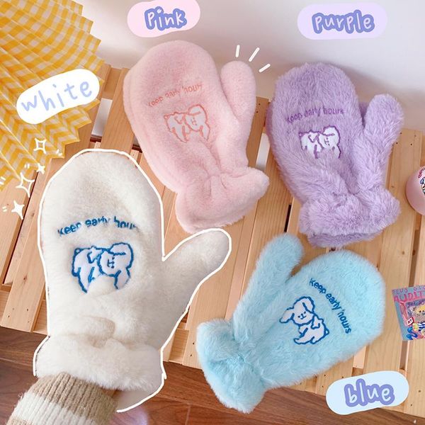 

1 pair Women Winter Soft Faux Fur Gloves Cartoon Dog Plush Warm Mittens Female Cute Full Fingers Gloves Christmas Gift for Girl, Blue;gray