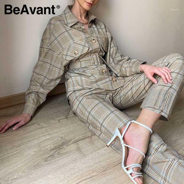 

beavant elegant grey plaid autumn winter women suit high street fashion belt female set office lady long sleeve set 20201, White