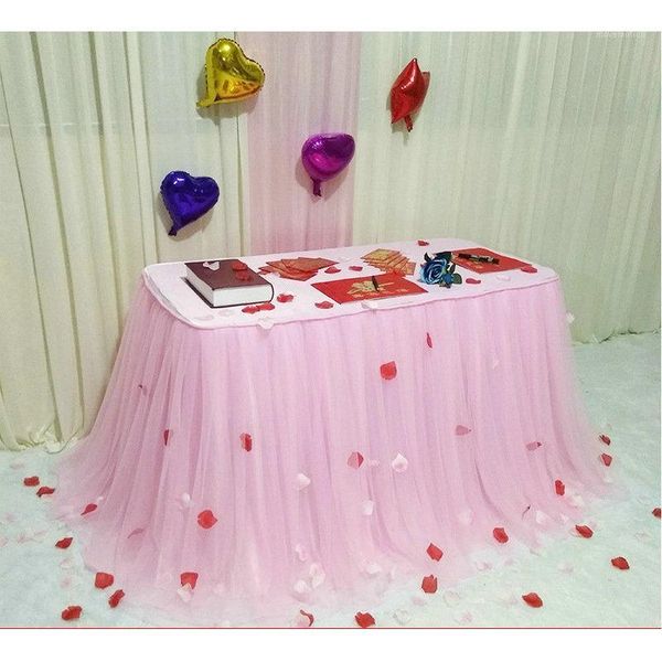 

tulle table skirt pink three layer ice silk fabricfor wedding decor birthday baby shower party decoration tablecloth1