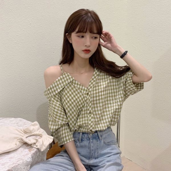 

2021 new breathing mode will see strapless irregular design with v plaid short female shirt lw5b, White