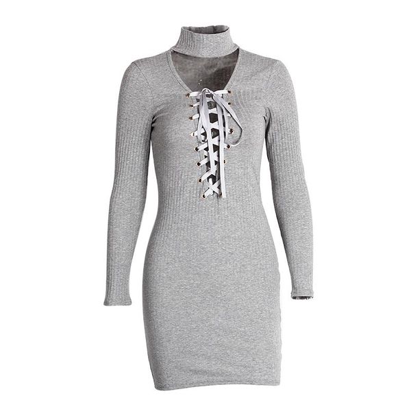 

fanco 2021 new knit deep v dress women lace up solid color striped long sleeve vintage bodycon fashion female vestidos, Black;gray