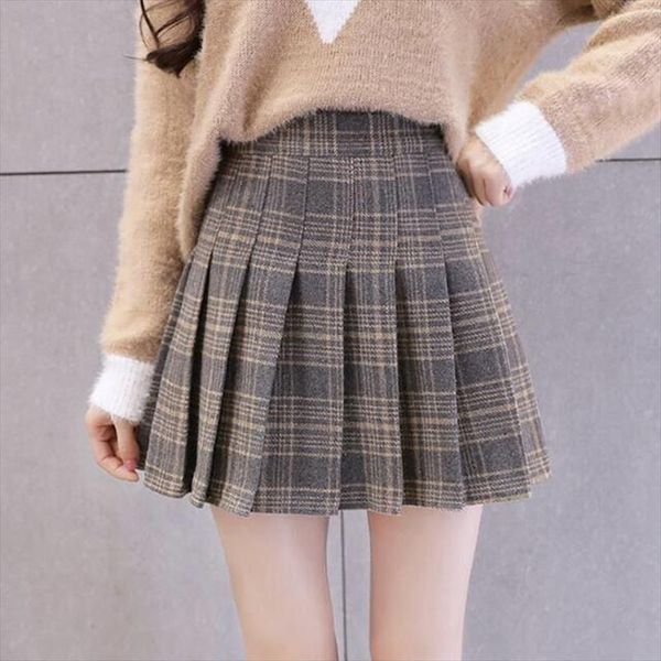 

2019 autumn women new korean plaid skirt lattice high waist slim fashion woolen thicker preppy mini skirts w09, Black