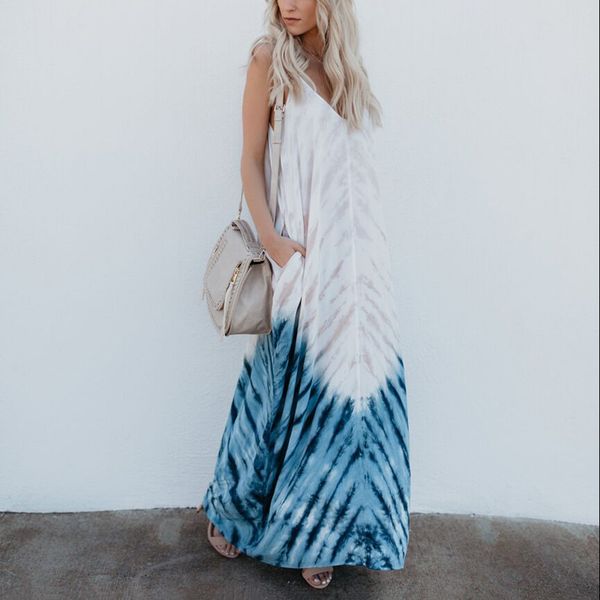 

bkld simple style daily casual streetwear women's dress summer fall sling v neck printed loose sleeveless pockets long dresses t200518, Black;gray