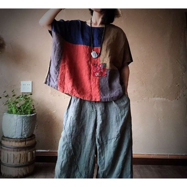 

2020 luogu clay wash linen patchwork loose shirt 1693, White