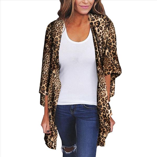 

plus size summer blouse women chiffon shawl leopard print kimono cardigan loose casual beachwear cover up blouse pt, White