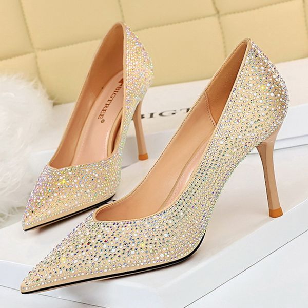 

luxury 2020 female bling crystal 8.5cm high women's touch bombs sparkly white gold scarpins heels bridal shoes rx1c, Black