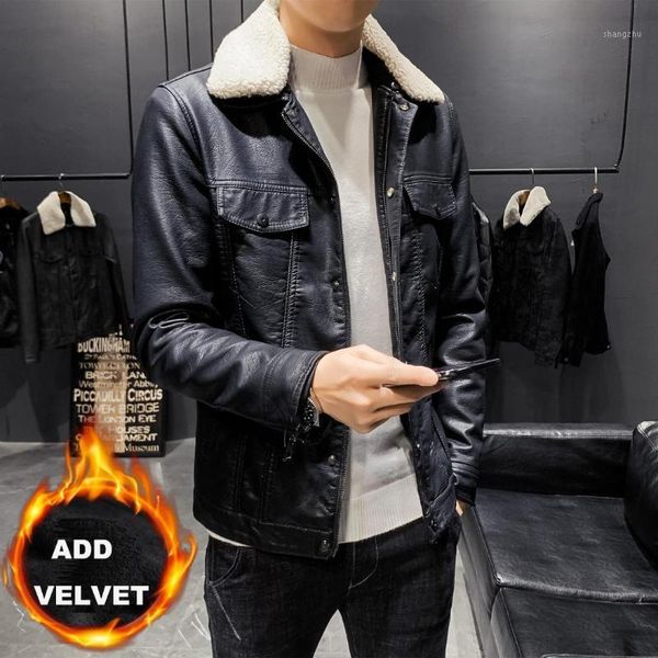 

gzdeerax faux leather mens jackets luxury fur collar add velvet thick mens jackets and coats plus size 5xl slim fit man coats1, Black