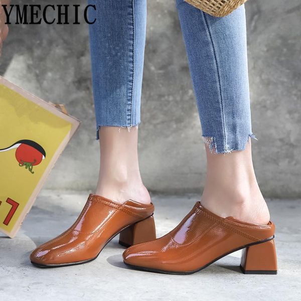 

ymechic 2021 fashion high heels pumps women sewing ladies mules pumps large size soft pu leather block heel shoes black brown
