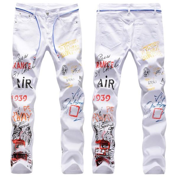 

men's jeans casual print slim stretch, Blue