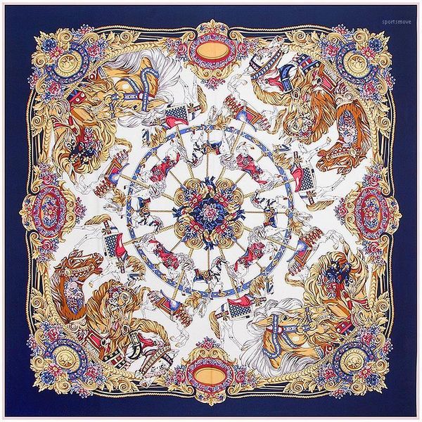 

scarves 130*130cm women large twill 100% silk square scarf carousel print designer luxury lady shawl hijab headwear1, Blue;gray