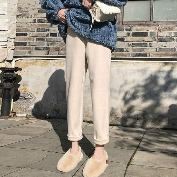 

2020 new autumn winter women pants cotton woolen high waist loose elegant korean style casual banana solid harem trousers l1341, Black;white