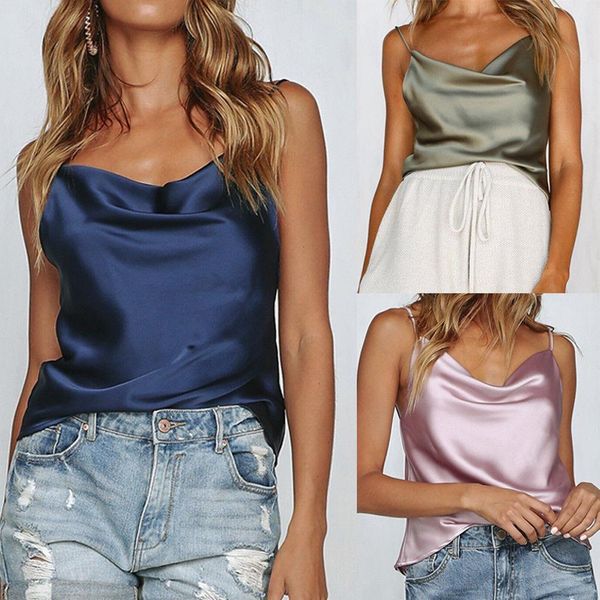 

summer women v-neck satin silk strap backless vest ladies casual sleeveless tank camis sleepwear solid color 2020 new, White