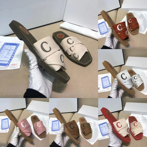 

2022 branded womens woody mules fflat slipper deisgner lady lettering fabric outdoor leather sole slide sandal with box, Black