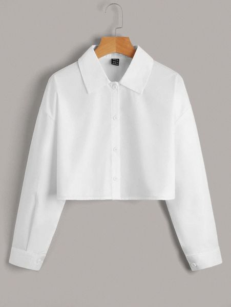 

solid button front crop blouse b3em#, White