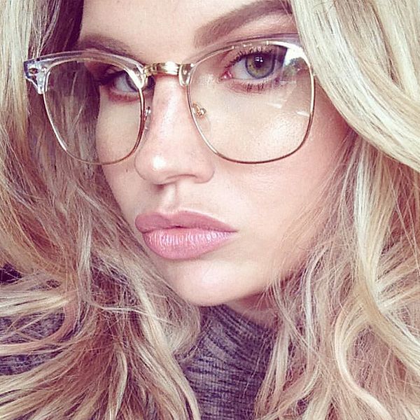 

wholesale-half frame clear glasses clear frame glasses women men frame gold clear lens optical glass, White;black