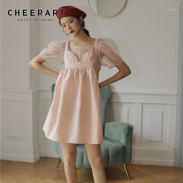 

cheerart 2 piece pink mesh puff sleeve ball gown summer dress 2020 jacquard women short sleeve mini dress elegant designer1, White;black