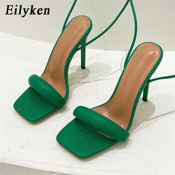

eilyken ankle strap green women's high heels sandals square toe female party shoes sandalias de mujer 220308, Black