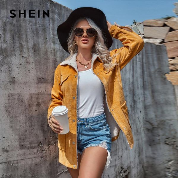 

shein corduroy dual pockets teddy lined coat women winter single breasted long sleeve solid outwear casual jackets, Black;brown