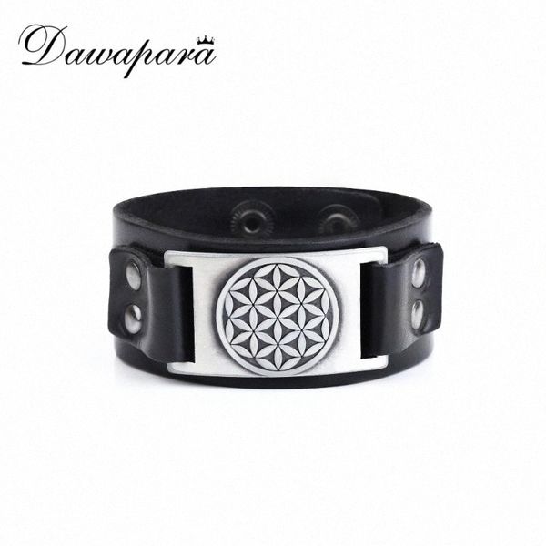 

dawapara flower of life black brown leather cuff bracelet men women jewelry 2020 qaig#, White