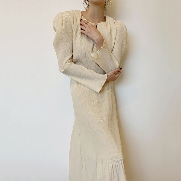 

2021 new elegant female 2 solid folding the neck-neck wind sleeves mid-calf upper waist a-line skirt spring 3e9k, Gray